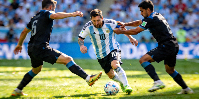 梅西在比赛中带球突破防守球员的精彩画面